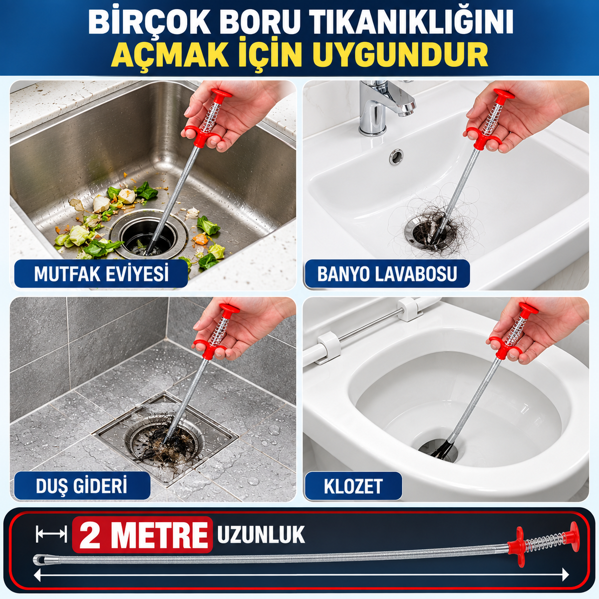 Evilya FlexDrain™ – 2 Metre 4 Pençeli Esnek Gider Açıcı