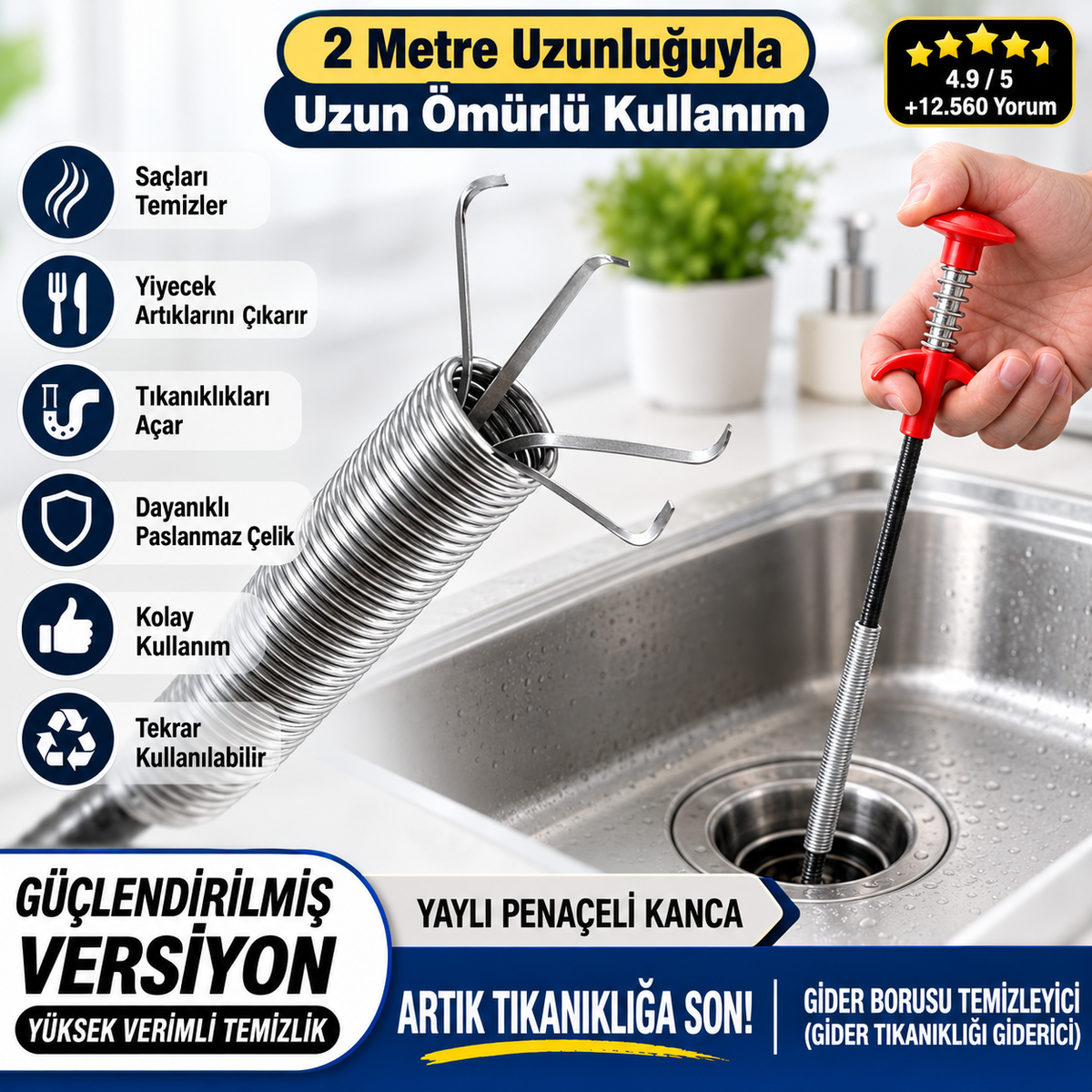 Evilya FlexDrain™ – 2 Metre 4 Pençeli Esnek Gider Açıcı