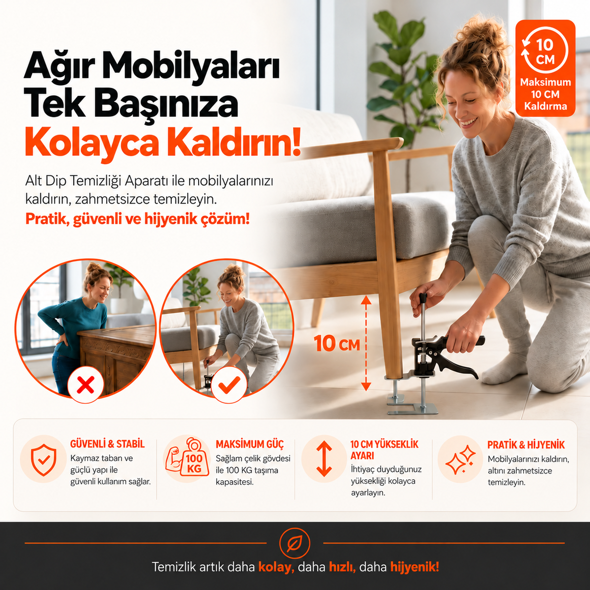 Evilya LiftPro™ – 100 KG Profesyonel Mobilya ve Beyaz Eşya Kaldırma Krikosu