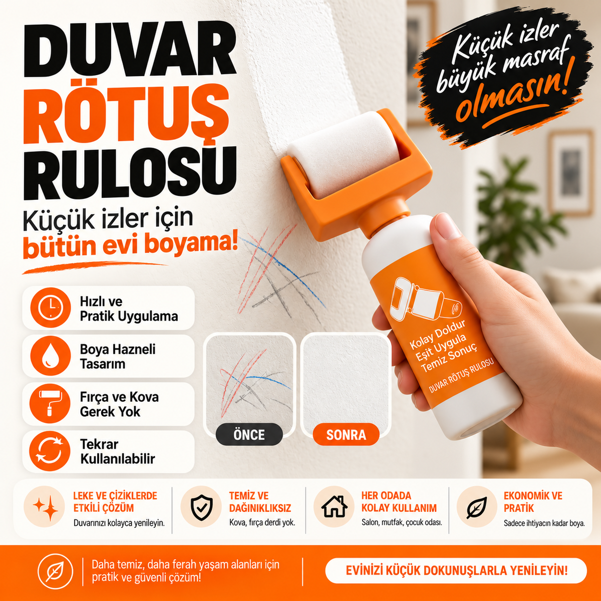 Evilya WallFix™ – Hazneli Pratik Duvar Rötuş Rulosu